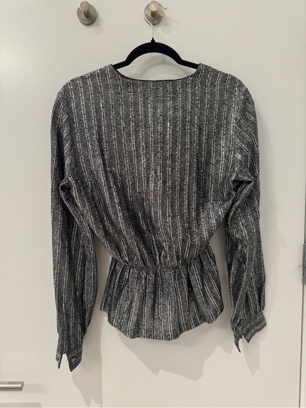 Vintage Women’s Black & Silver Striped V-Neck Tie-Waist Blouse - Picture 3 of 4